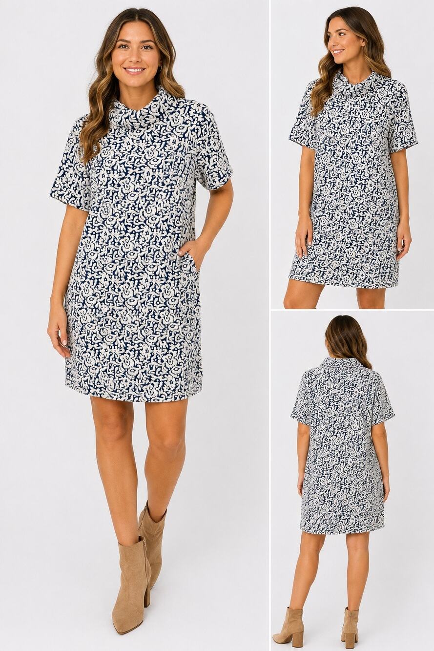 Tyler Böe Women’s Medium Navy Cream Jacquard Floral Cowl Neck Shift Dress
